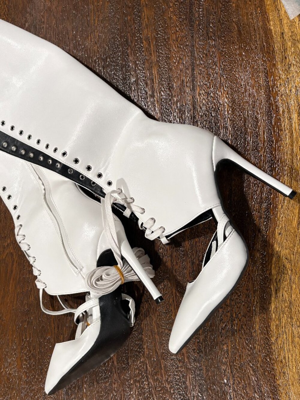 Sexy White Lace Up Zip Up Knee High Stilettos Heels Boots  sz 8.5 Ladies Shoes